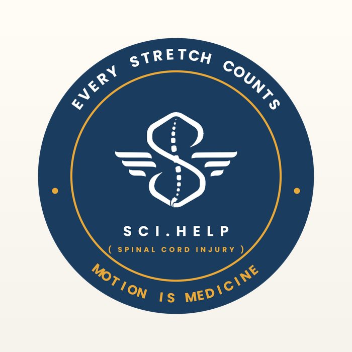 Round navy badge reading EVERY STRETCH COUNTS, MOTION IS MEDICINE