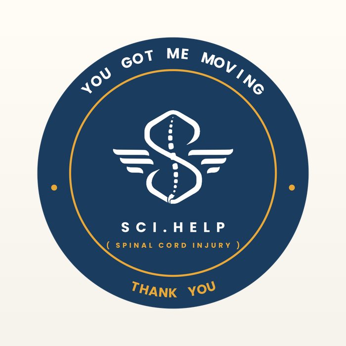 Round navy badge reading YOU GOT ME MOVING, THANK YOU