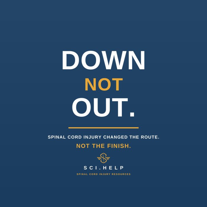 Navy shirt design reading DOWN NOT OUT — spinal cord injury changed the route, not the finish