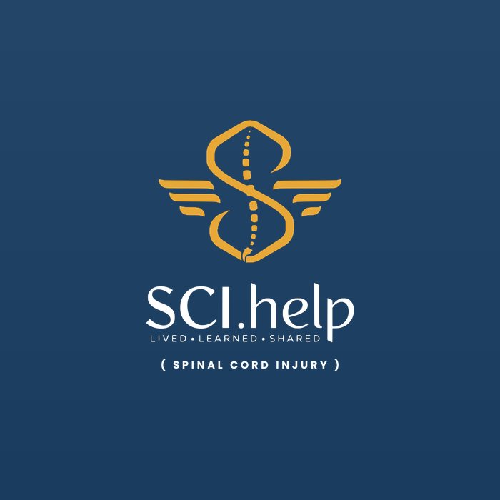 Navy t-shirt design with the SCI.help winged spine logo in amber and white