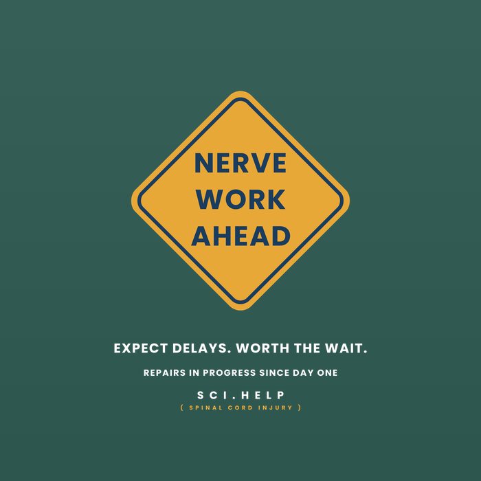 Forest green shirt design of an amber road sign reading NERVE WORK AHEAD — expect delays, worth the wait