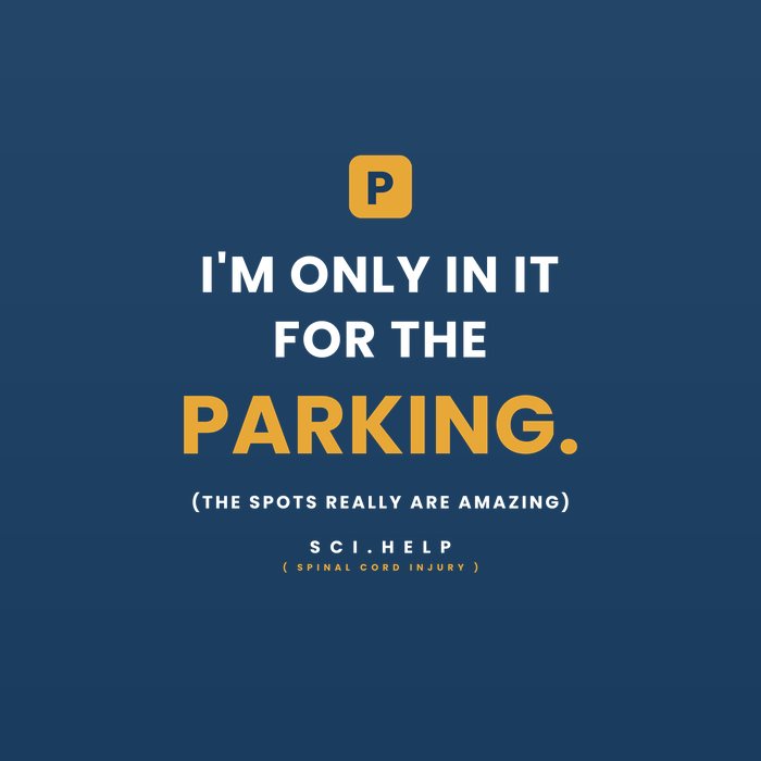 Navy shirt design reading I'M ONLY IN IT FOR THE PARKING with an amber parking symbol
