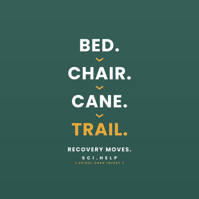 Forest green shirt design reading BED. CHAIR. CANE. TRAIL. Recovery moves.