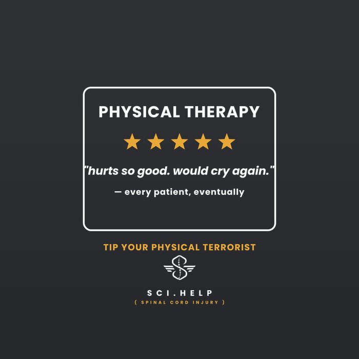 Black shirt design styled as a five-star review of physical therapy: hurts so good, would cry again